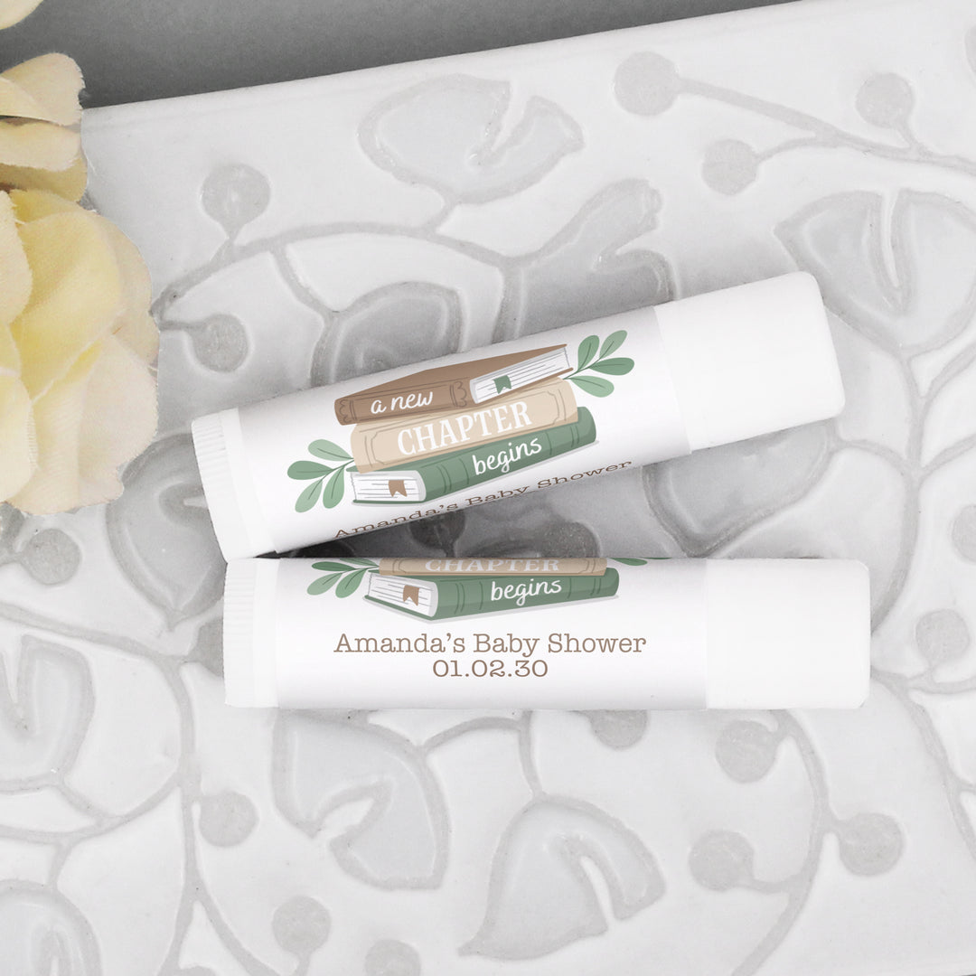 A New Chapter Begins, Book Themed Baby Shower, Baby Shower Lip Balm Favors, Personalized Lip Balm
