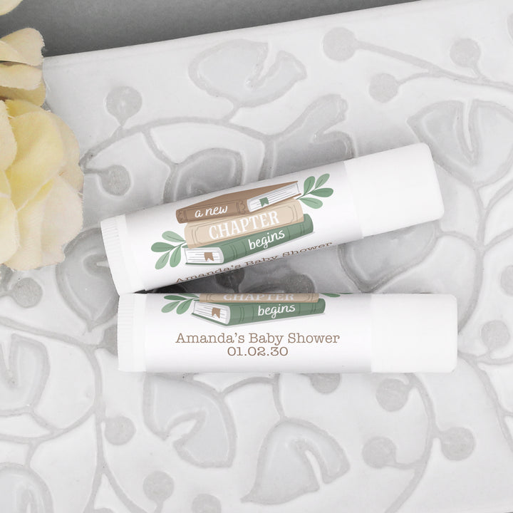 A New Chapter Begins, Book Themed Baby Shower, Baby Shower Lip Balm Favors, Personalized Lip Balm