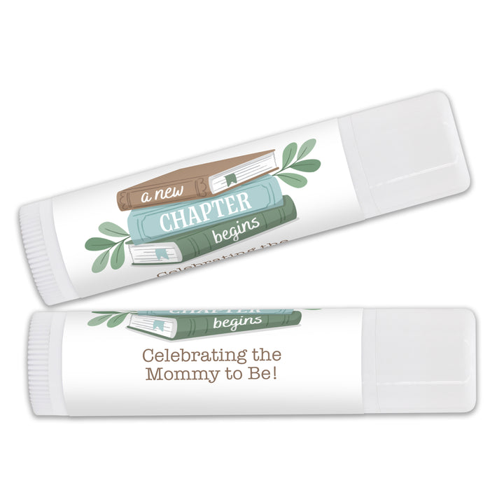 A New Chapter Begins, Book Themed Baby Shower, Baby Shower Lip Balm Favors, Personalized Lip Balm
