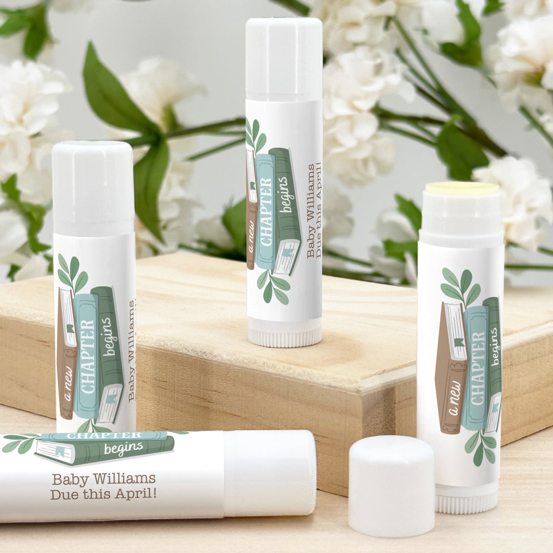 A New Chapter Begins, Book Themed Baby Shower, Baby Shower Lip Balm Favors, Personalized Lip Balm