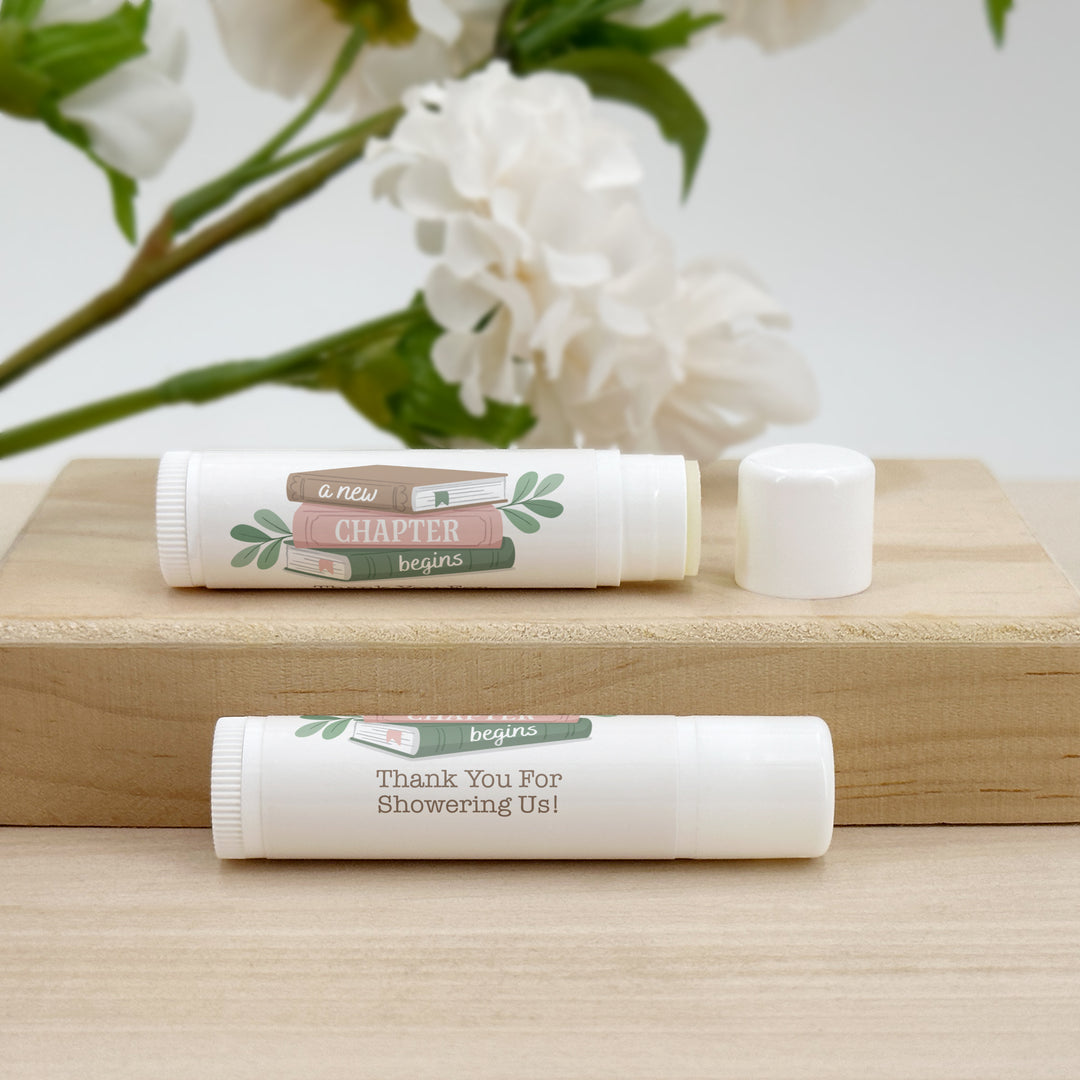 A New Chapter Begins, Book Themed Baby Shower, Baby Shower Lip Balm Favors, Personalized Lip Balm