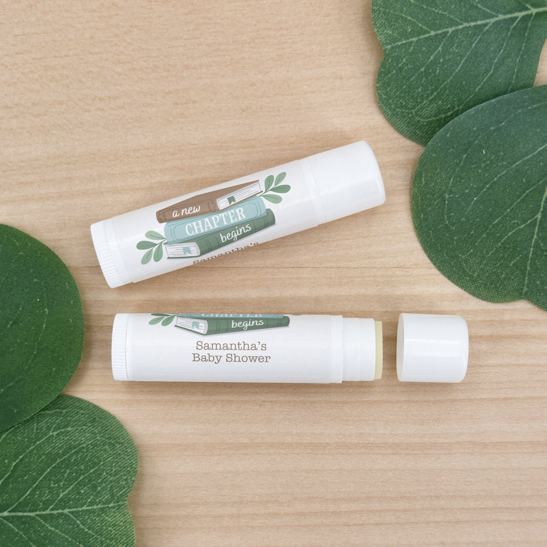 A New Chapter Begins, Book Themed Baby Shower, Baby Shower Lip Balm Favors, Personalized Lip Balm