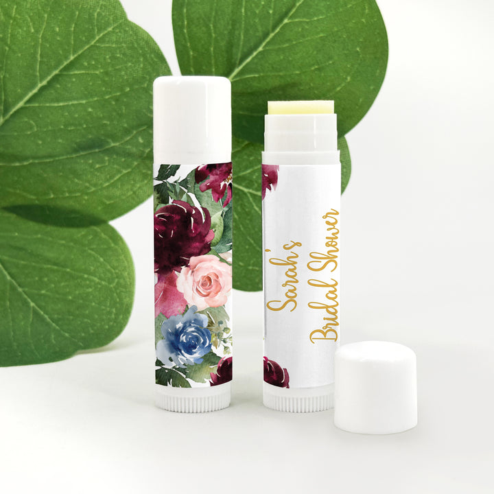 Personalized Lip Balm, Bridal Shower Favors, Burgundy Floral