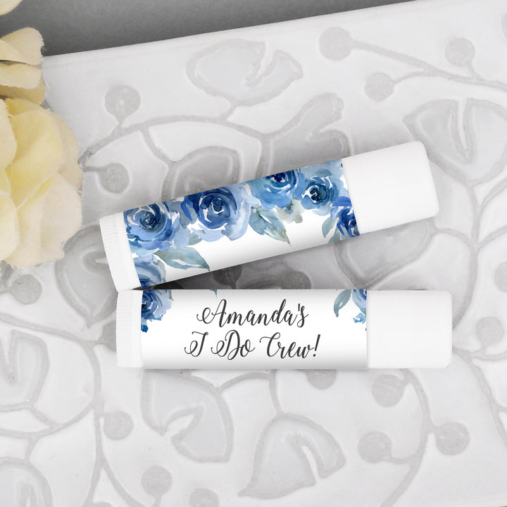 Watercolor Blue Floral Wedding Favor, Personalized Lip Balm Favors, Wedding Favors, Bridal Shower Favor, Birthday Party Lip Balm