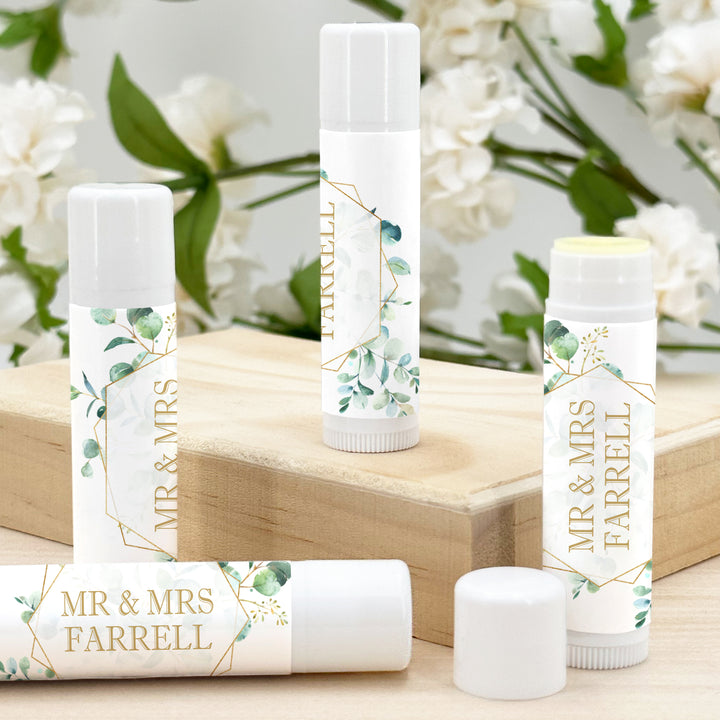 Personalized Lip Balm Favors, Wedding Favors, Bridal Shower Favor, Geometric Eucalyptus Favors