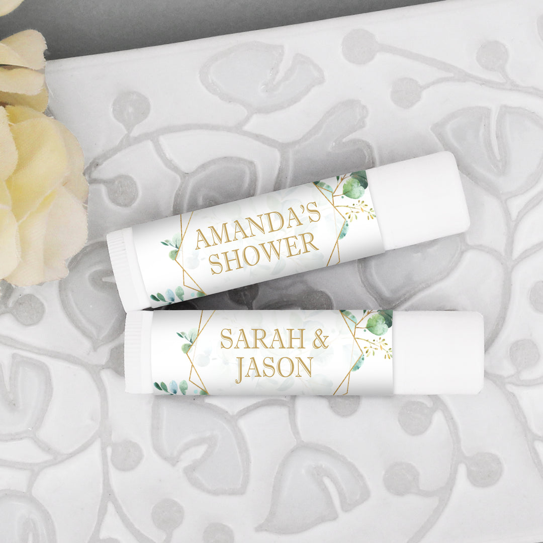 Personalized Lip Balm Favors, Wedding Favors, Bridal Shower Favor, Geometric Eucalyptus Favors