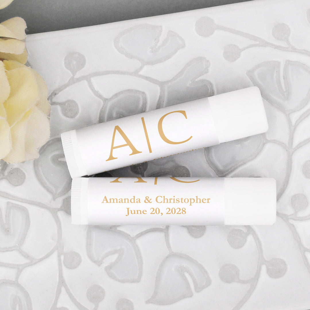 Personalized Lip Balm Wedding Favors, Wedding Initials, Gold Monogram