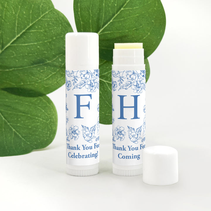 Personalized Lip Balm Favors, Wedding Favors, Bridal Shower Favor, Blue Chinoiserie Floral, French Blue Toile Monogram Lip Balm