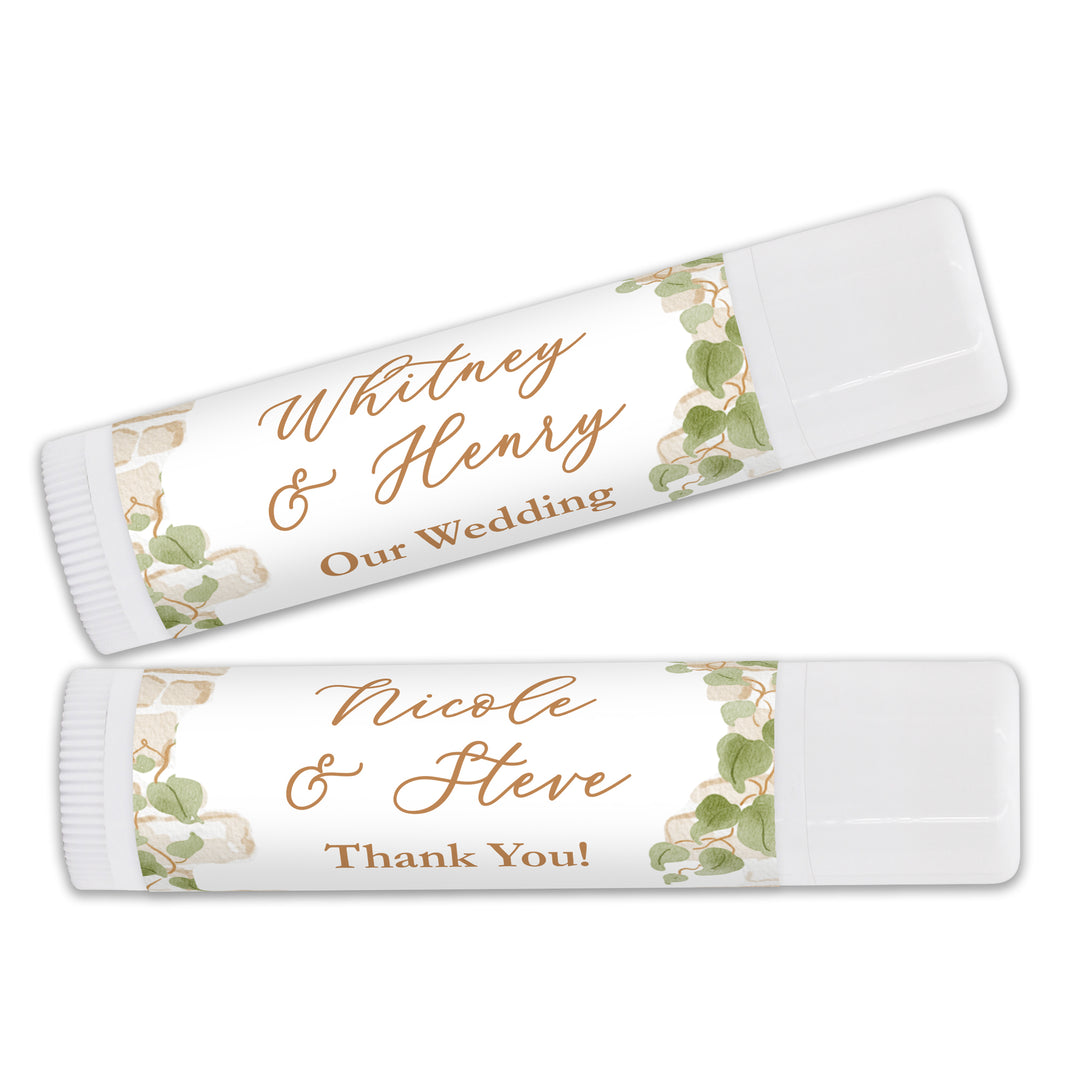 Custom Lip Balm Wedding Favors and Gifts, Bridal Shower, Garden Wedding, Stone Wall with Vines