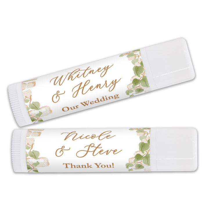Custom Lip Balm Wedding Favors and Gifts, Bridal Shower, Garden Wedding, Stone Wall with Vines