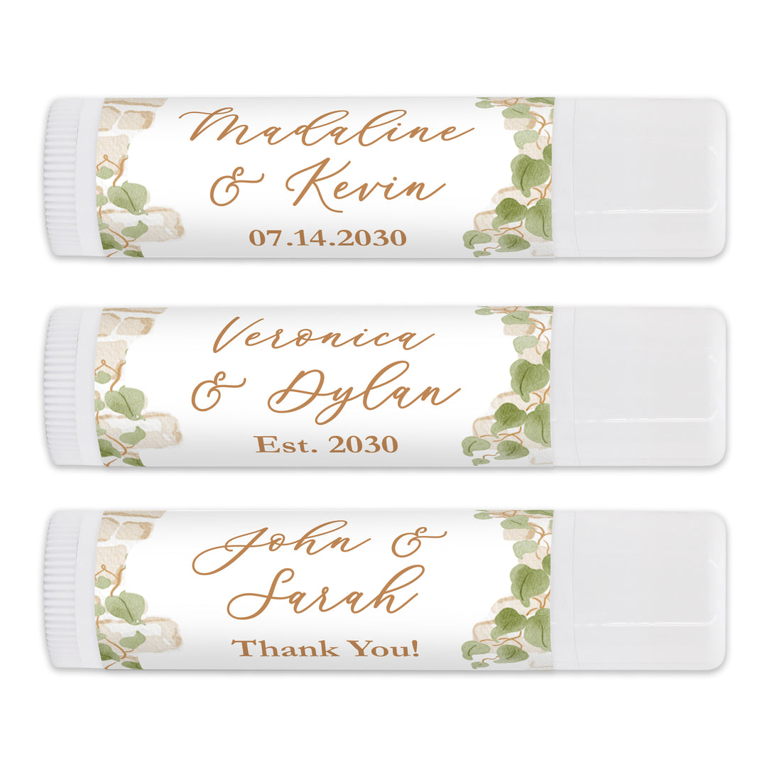 Custom Lip Balm Wedding Favors and Gifts, Bridal Shower, Garden Wedding, Stone Wall with Vines