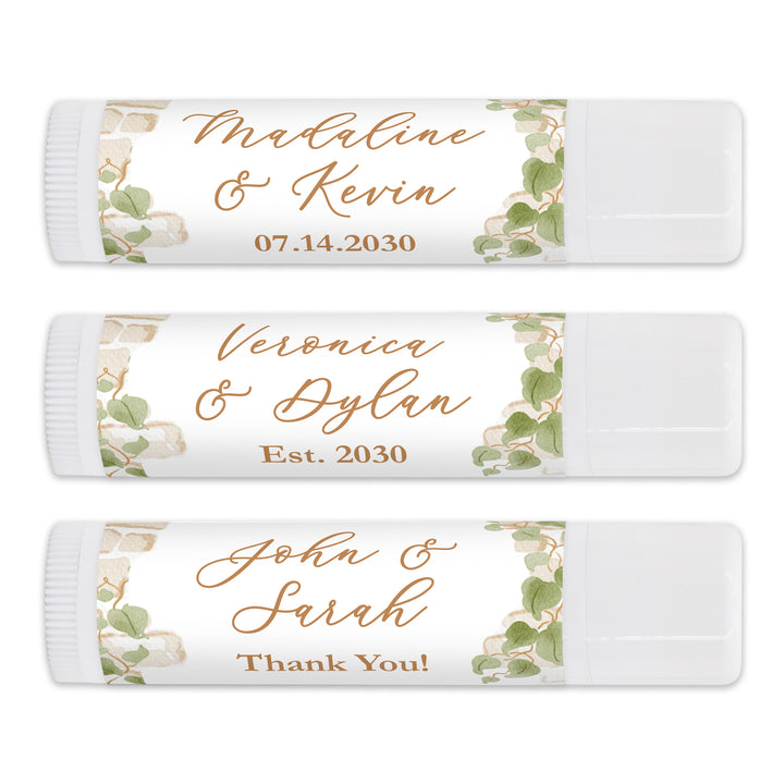 Custom Lip Balm Wedding Favors and Gifts, Bridal Shower, Garden Wedding, Stone Wall with Vines