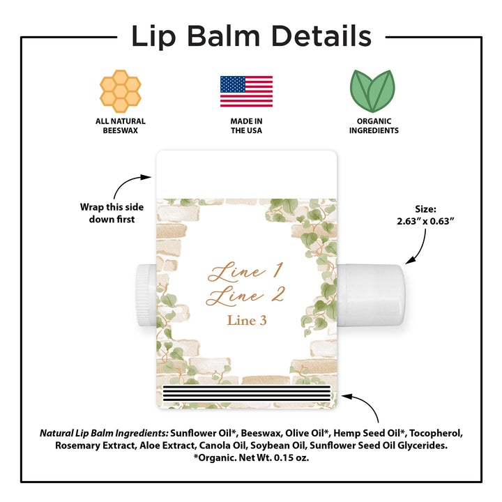 Custom Lip Balm Wedding Favors and Gifts, Bridal Shower, Garden Wedding, Stone Wall with Vines