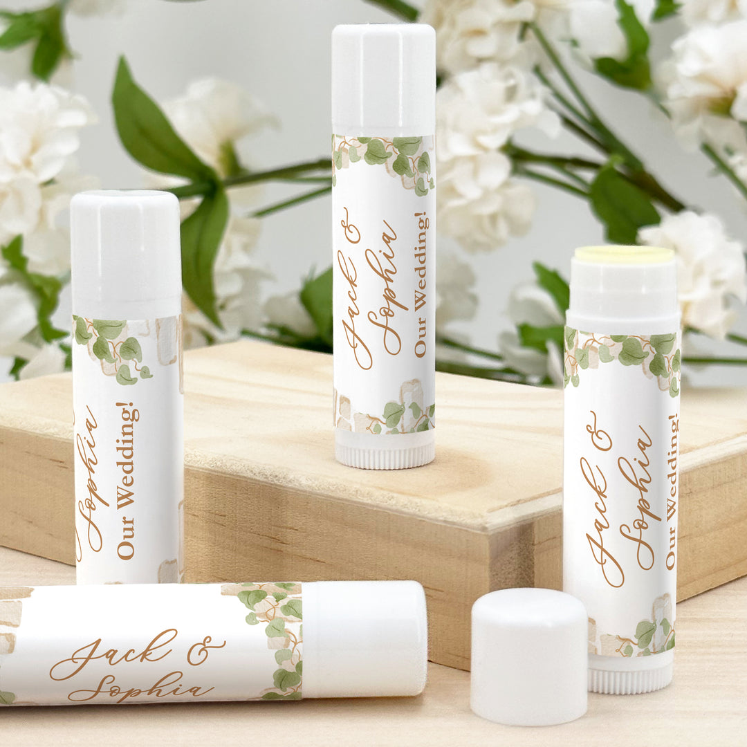 Custom Lip Balm Wedding Favors and Gifts, Bridal Shower, Garden Wedding, Stone Wall with Vines