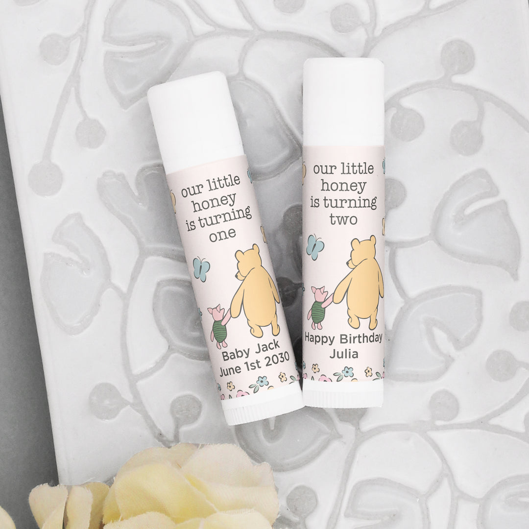 Winnie the Pooh and Piglet Birthday, Our Little Honey is Turning One, Personalized Lip Balm