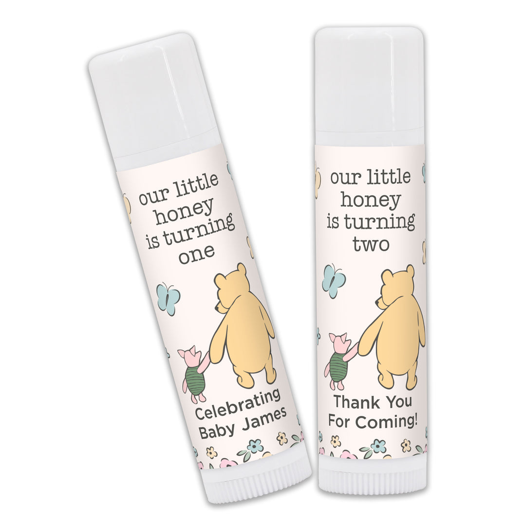 Winnie the Pooh and Piglet Birthday, Our Little Honey is Turning One, Personalized Lip Balm