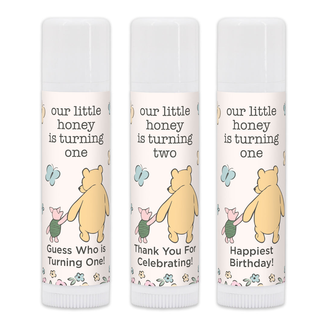Winnie the Pooh and Piglet Birthday, Our Little Honey is Turning One, Personalized Lip Balm