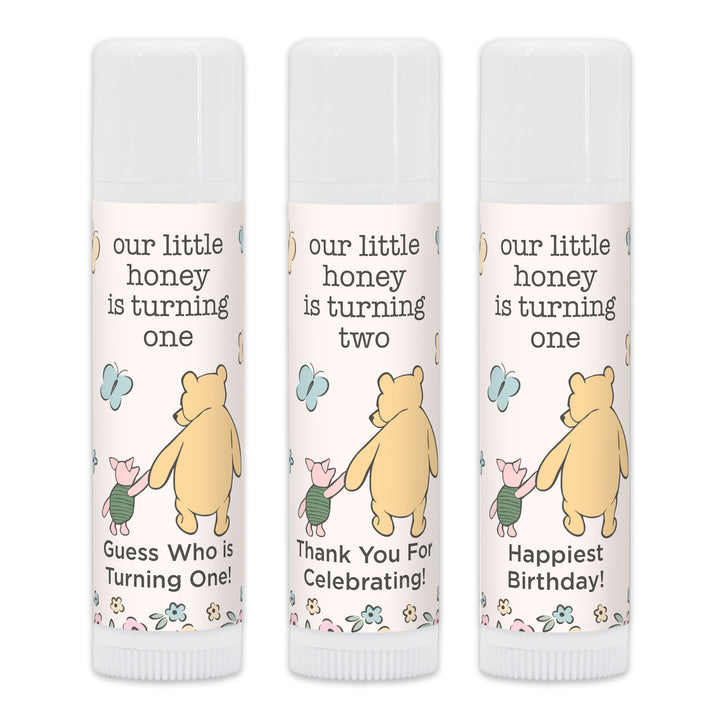 Winnie the Pooh and Piglet Birthday, Our Little Honey is Turning One, Personalized Lip Balm
