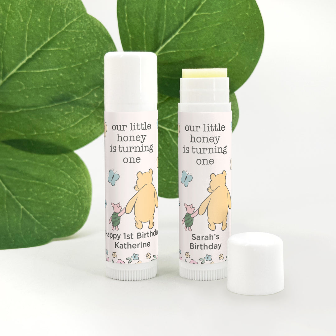 Winnie the Pooh and Piglet Birthday, Our Little Honey is Turning One, Personalized Lip Balm