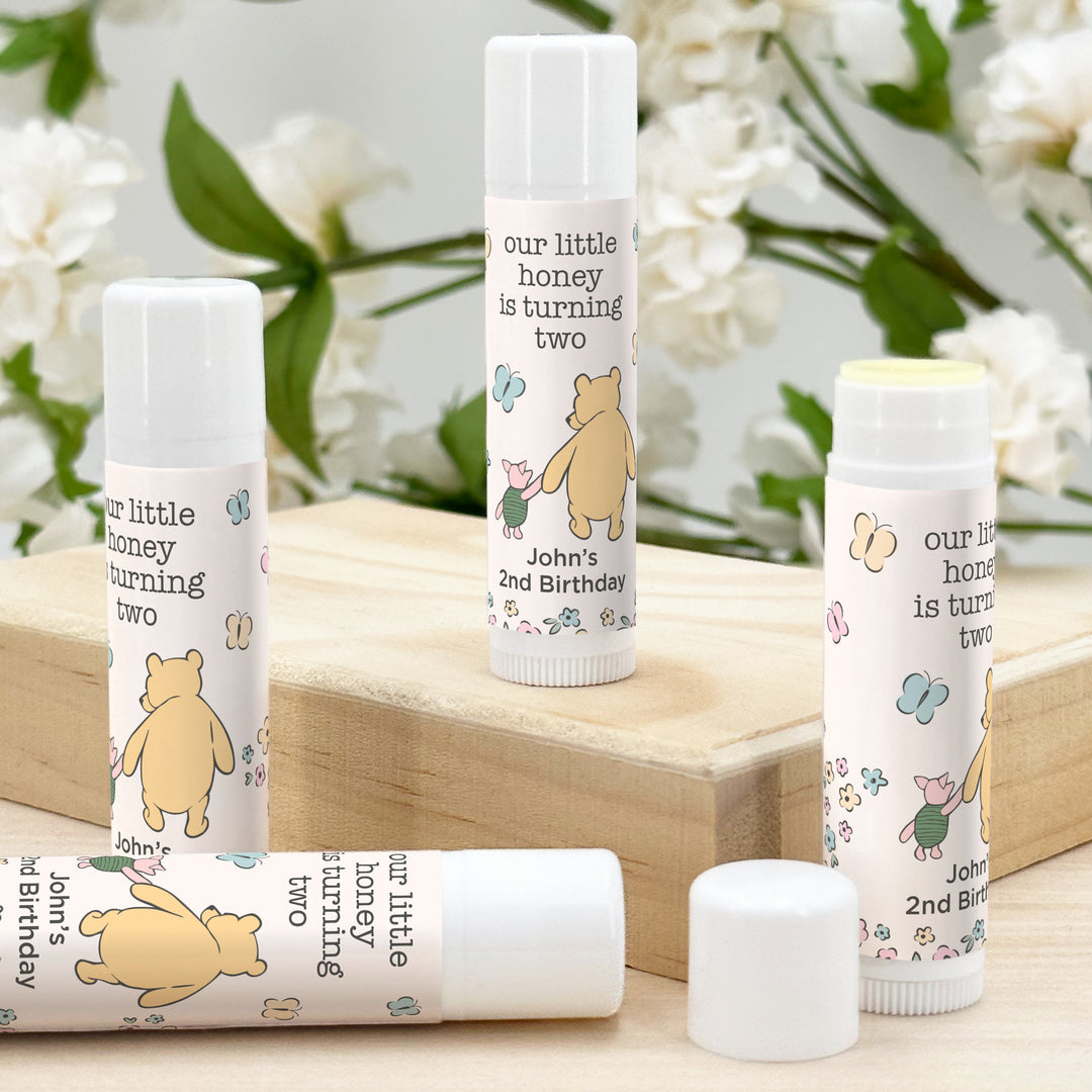 Winnie the Pooh and Piglet Birthday, Our Little Honey is Turning One, Personalized Lip Balm