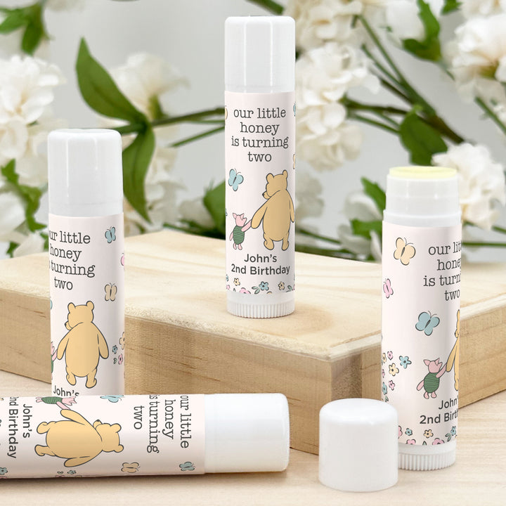 Winnie the Pooh and Piglet Birthday, Our Little Honey is Turning One, Personalized Lip Balm