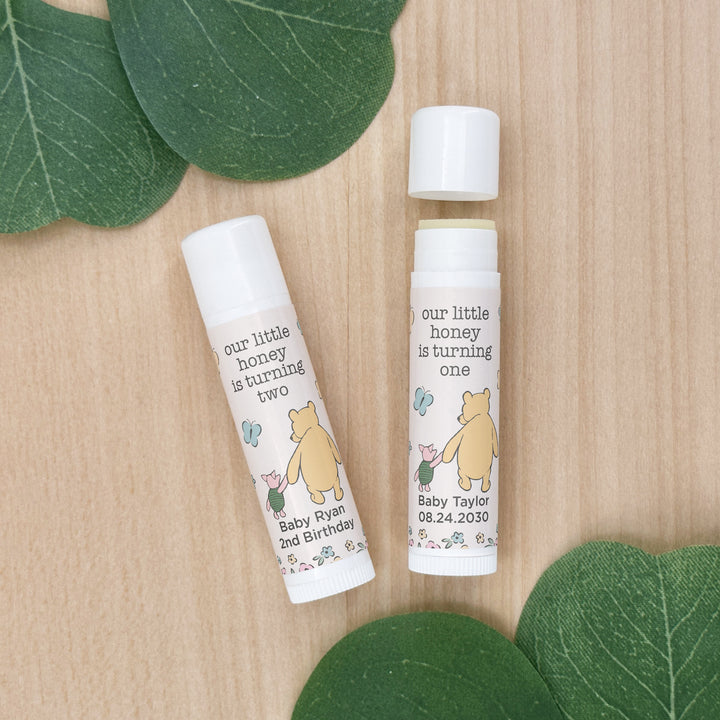 Winnie the Pooh and Piglet Birthday, Our Little Honey is Turning One, Personalized Lip Balm