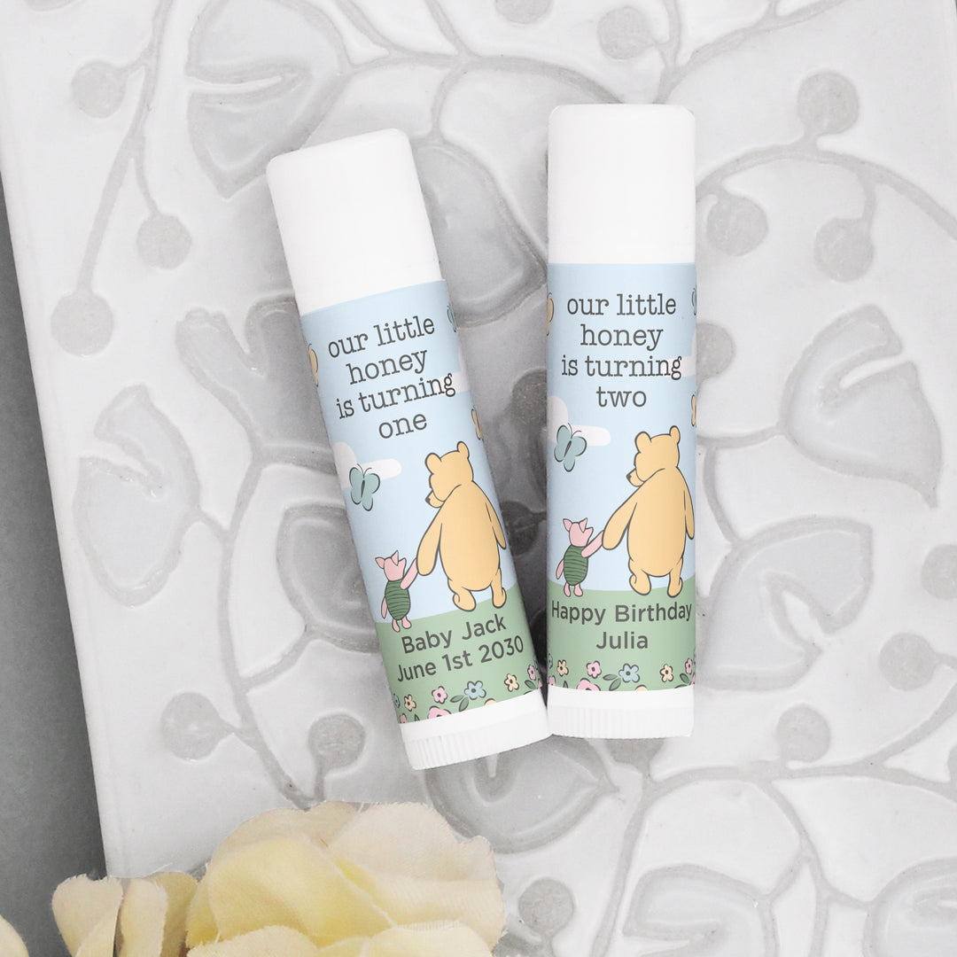 Winnie the Pooh and Piglet Blue Skies Birthday, Our Little Honey is Turning One, Personalized Lip Balm