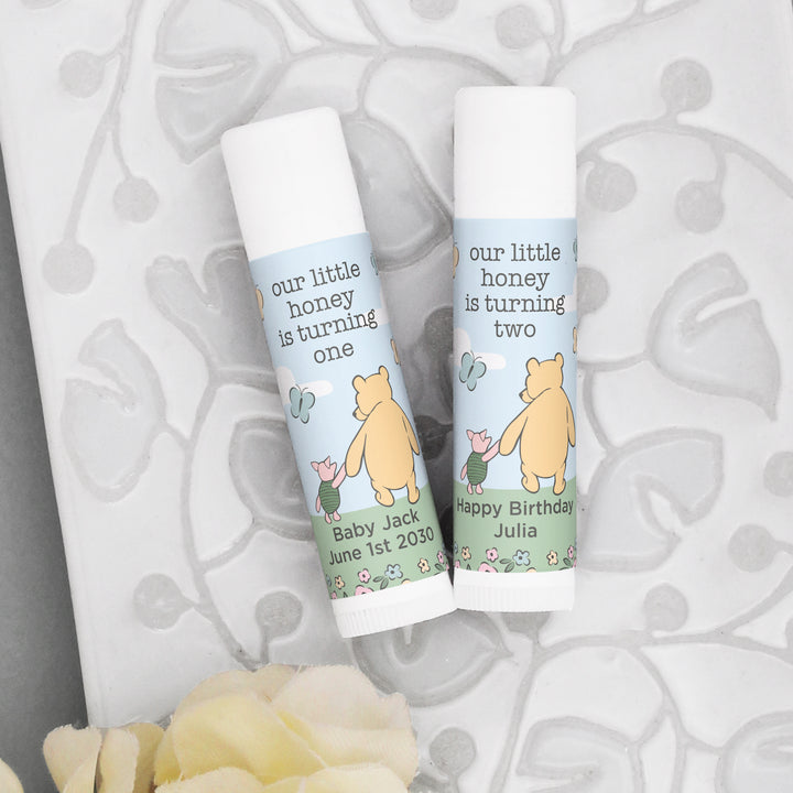 Winnie the Pooh and Piglet Blue Skies Birthday, Our Little Honey is Turning One, Personalized Lip Balm