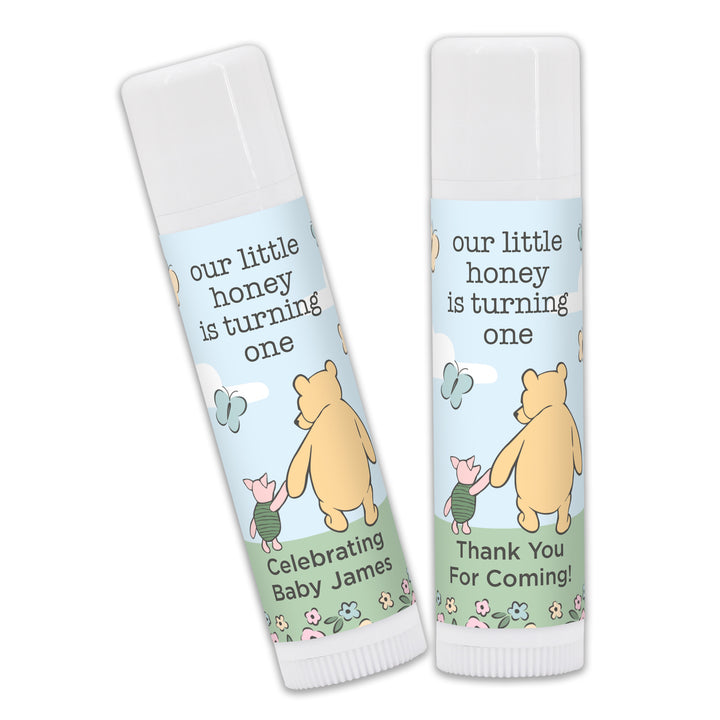 Winnie the Pooh and Piglet Blue Skies Birthday, Our Little Honey is Turning One, Personalized Lip Balm