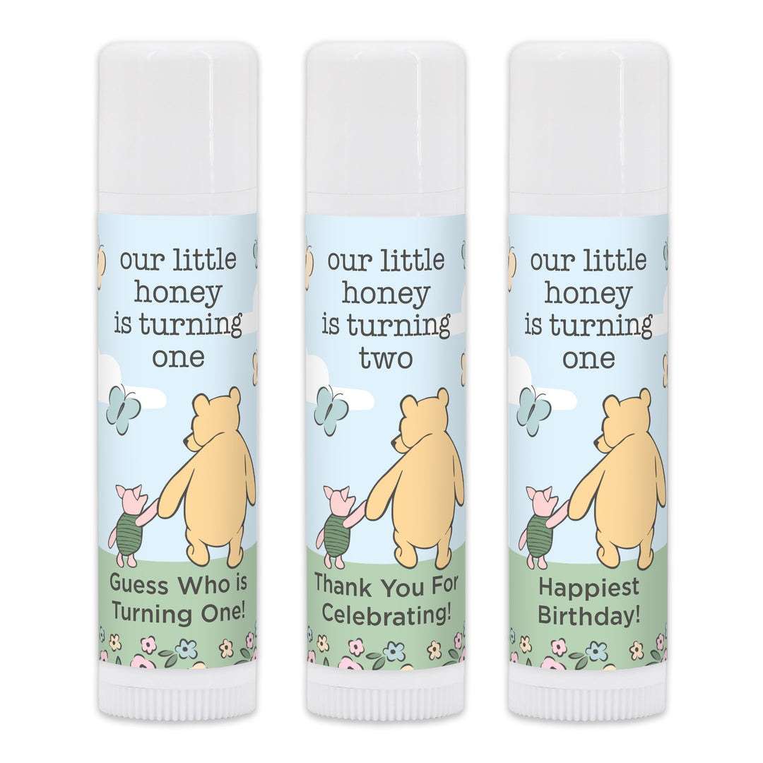 Winnie the Pooh and Piglet Blue Skies Birthday, Our Little Honey is Turning One, Personalized Lip Balm