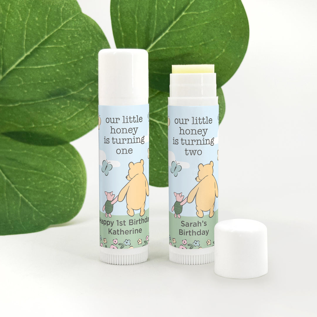 Winnie the Pooh and Piglet Blue Skies Birthday, Our Little Honey is Turning One, Personalized Lip Balm