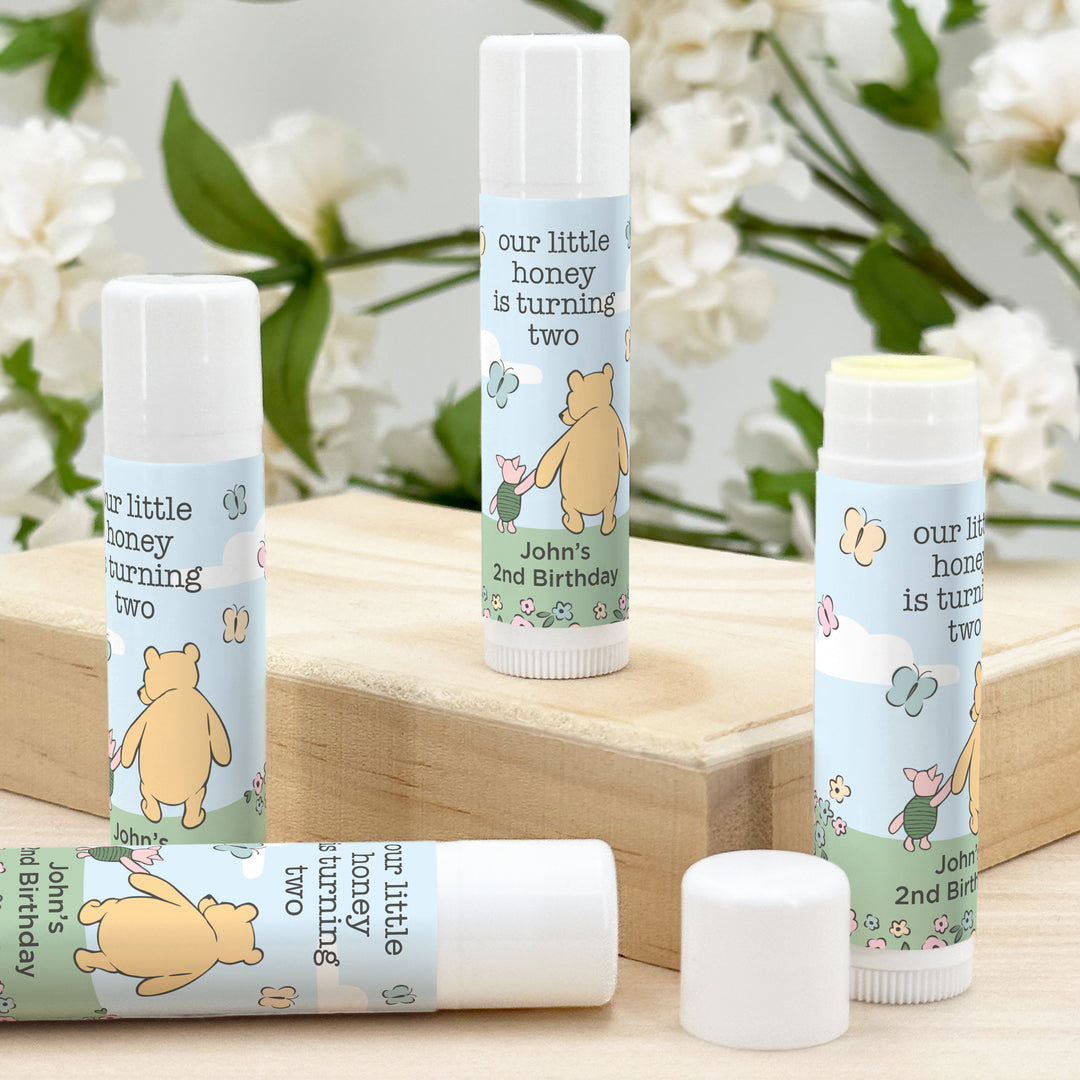 Winnie the Pooh and Piglet Blue Skies Birthday, Our Little Honey is Turning One, Personalized Lip Balm