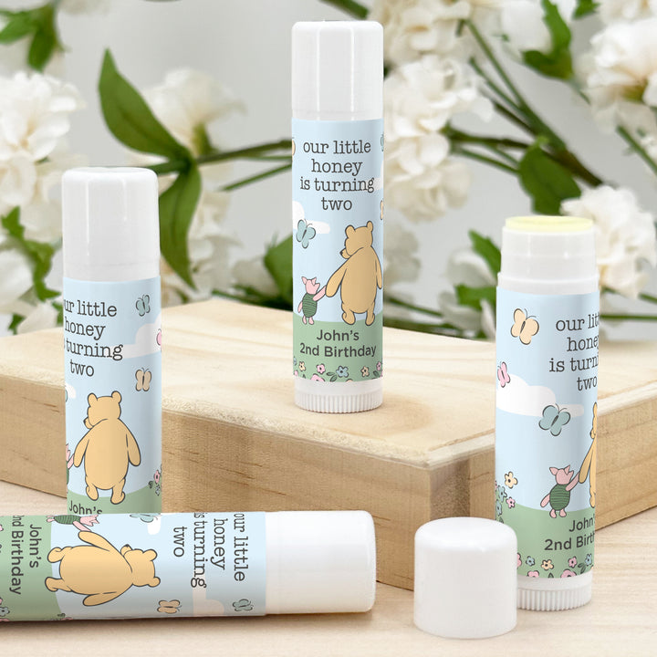 Winnie the Pooh and Piglet Blue Skies Birthday, Our Little Honey is Turning One, Personalized Lip Balm