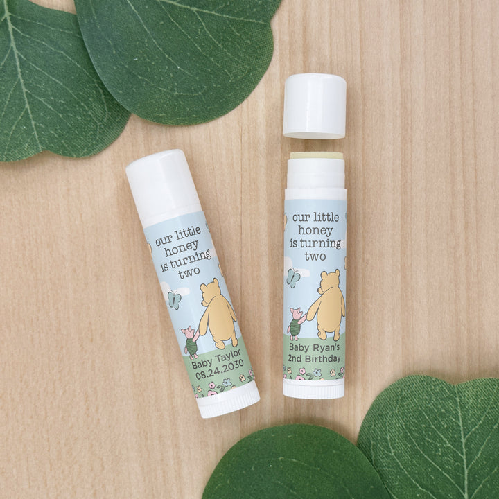 Winnie the Pooh and Piglet Blue Skies Birthday, Our Little Honey is Turning One, Personalized Lip Balm
