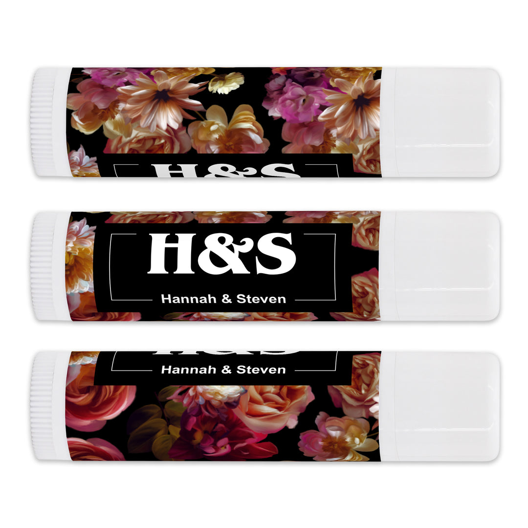 Personalized Lip Balm Wedding Favors, Bridal Shower Favor, Dutch Florals, Dark Floral Lip Balm