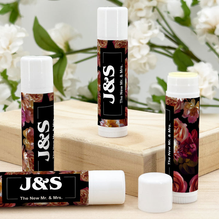 Personalized Lip Balm Wedding Favors, Bridal Shower Favor, Dutch Florals, Dark Floral Lip Balm