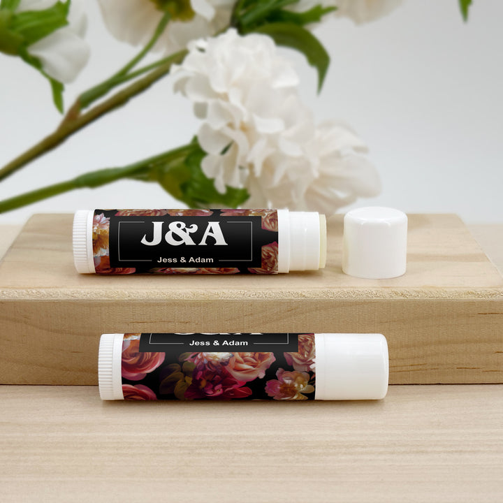 Personalized Lip Balm Wedding Favors, Bridal Shower Favor, Dutch Florals, Dark Floral Lip Balm