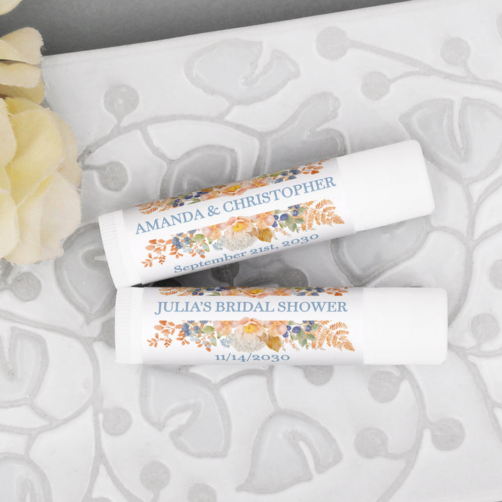 Fall Lip Balm Wedding Favors and Gifts, Bridal Shower, Peach &amp; Blue Florals