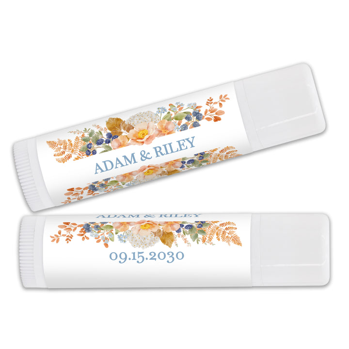 Fall Lip Balm Wedding Favors and Gifts, Bridal Shower, Peach &amp; Blue Florals