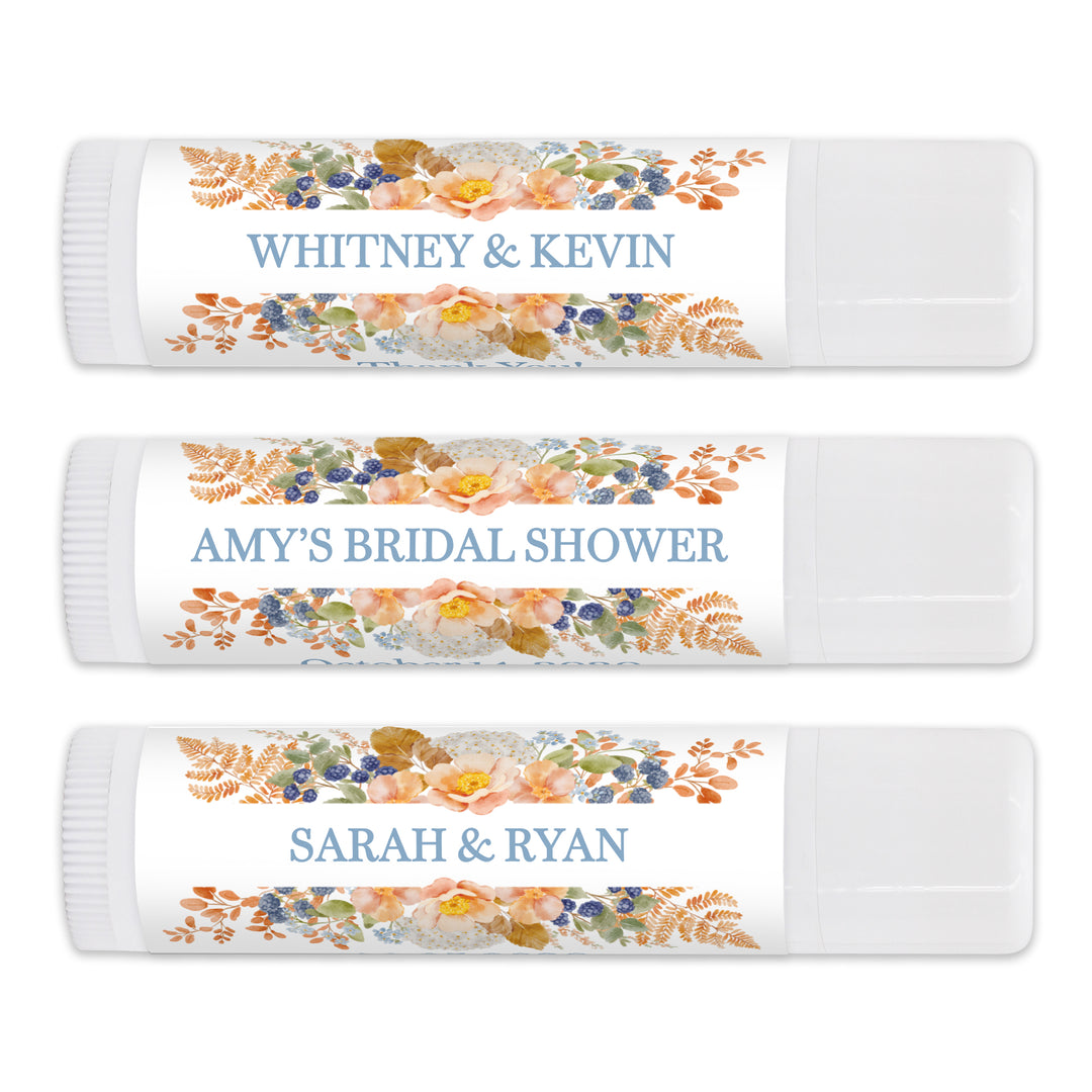Fall Lip Balm Wedding Favors and Gifts, Bridal Shower, Peach &amp; Blue Florals