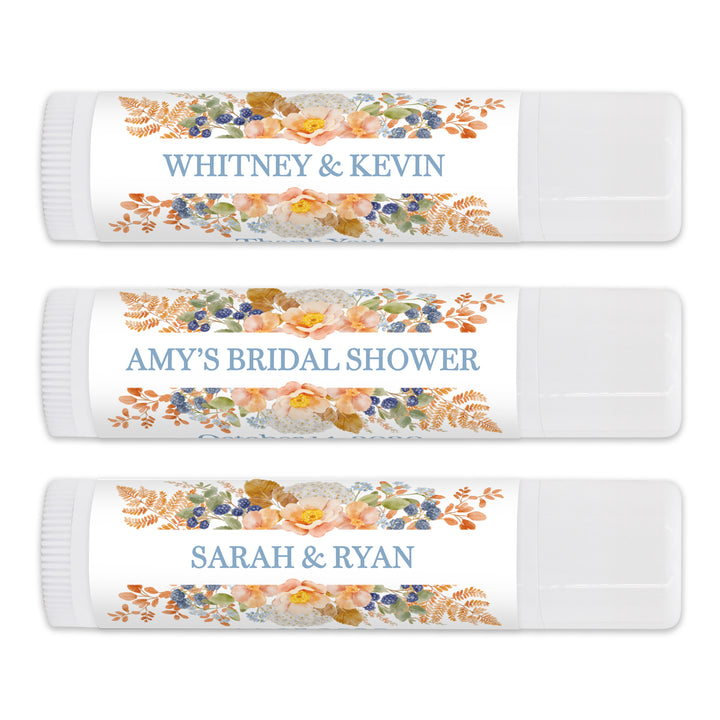 Fall Lip Balm Wedding Favors and Gifts, Bridal Shower, Peach &amp; Blue Florals