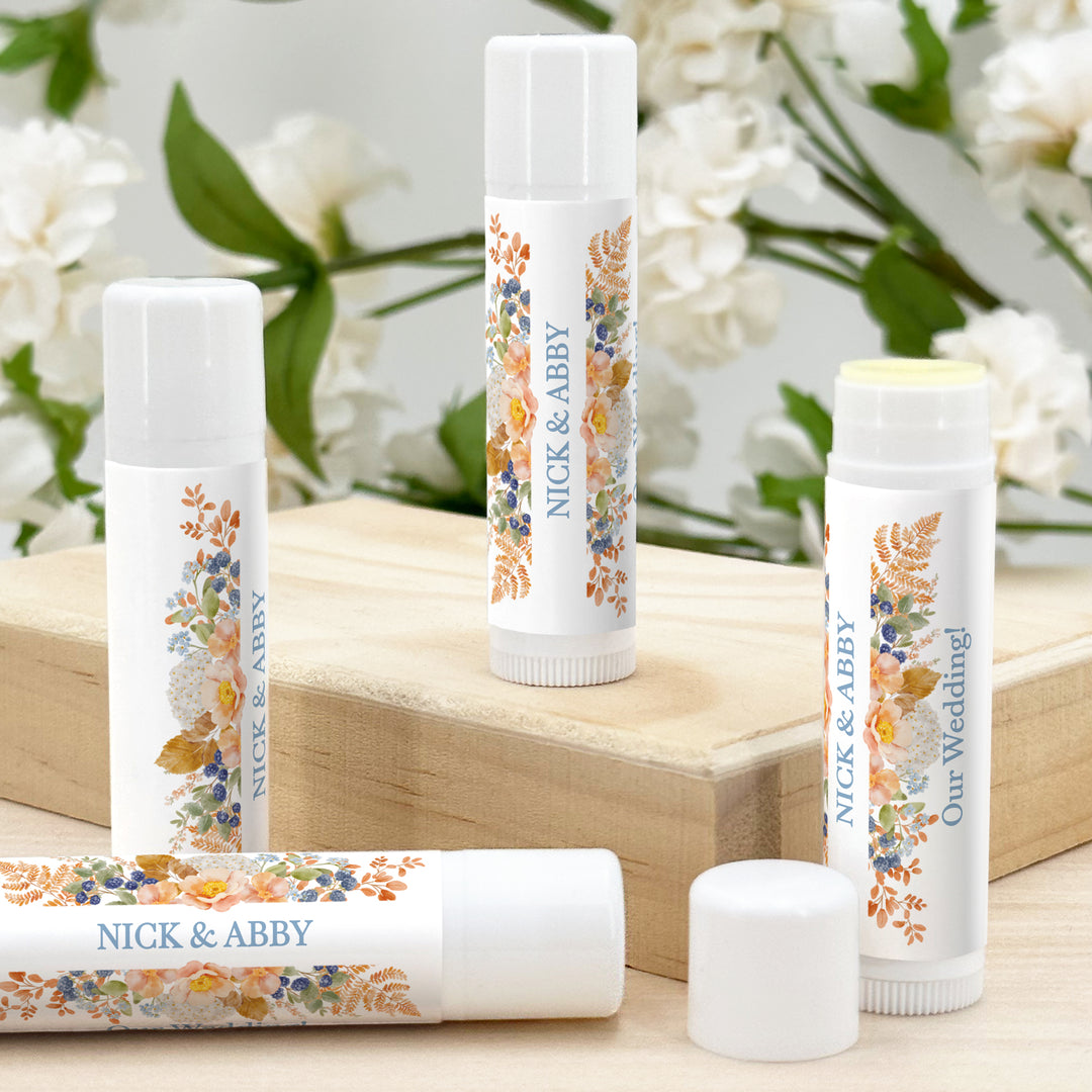 Fall Lip Balm Wedding Favors and Gifts, Bridal Shower, Peach &amp; Blue Florals