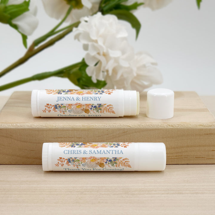 Fall Lip Balm Wedding Favors and Gifts, Bridal Shower, Peach &amp; Blue Florals