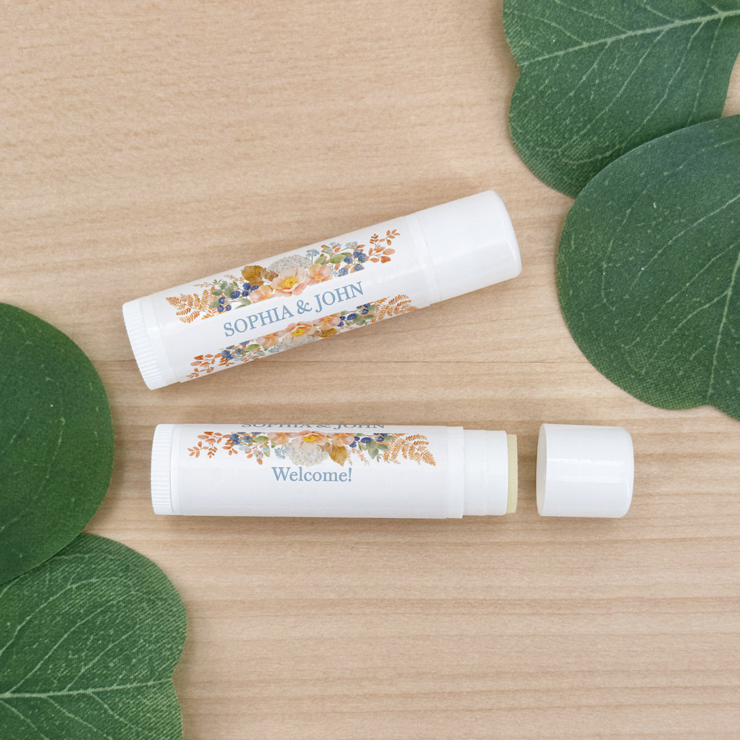 Fall Lip Balm Wedding Favors and Gifts, Bridal Shower, Peach &amp; Blue Florals