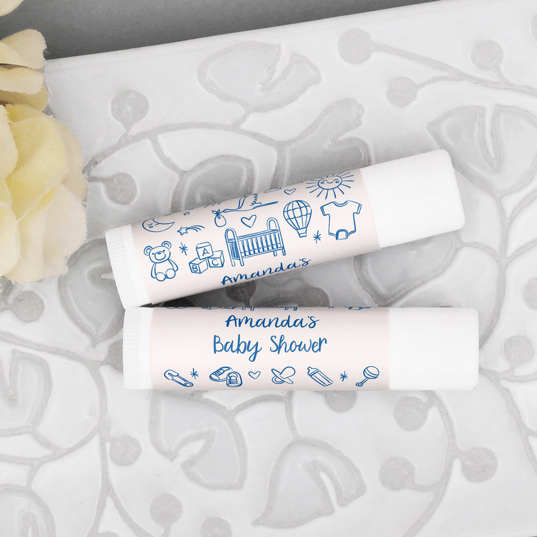 Personalized Lip Balm Favors, Baby Shower Favors, Hand Drawn Baby Shower Icon Pattern Sketch