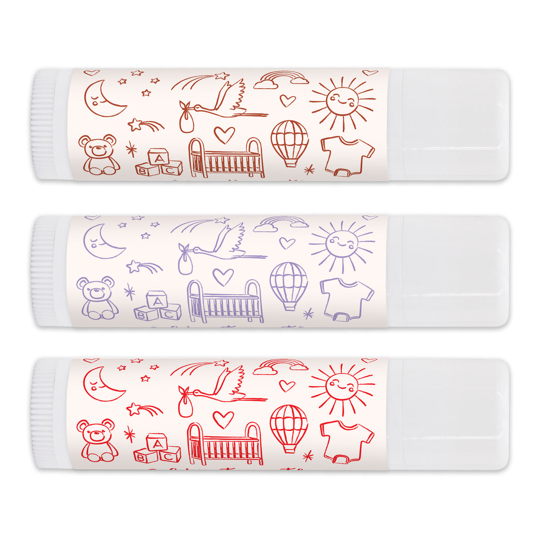Personalized Lip Balm Favors, Baby Shower Favors, Hand Drawn Baby Shower Icon Pattern Sketch
