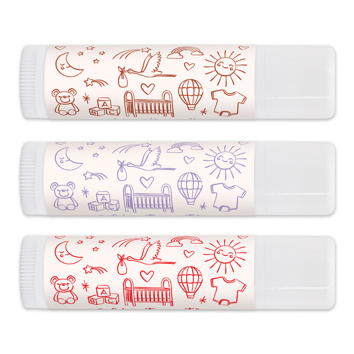 Personalized Lip Balm Favors, Baby Shower Favors, Hand Drawn Baby Shower Icon Pattern Sketch