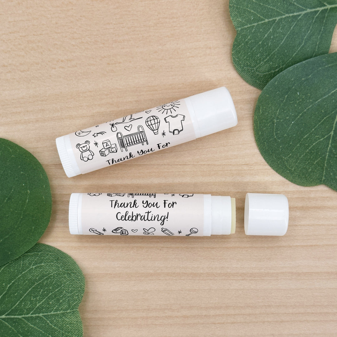 Personalized Lip Balm Favors, Baby Shower Favors, Hand Drawn Baby Shower Icon Pattern Sketch
