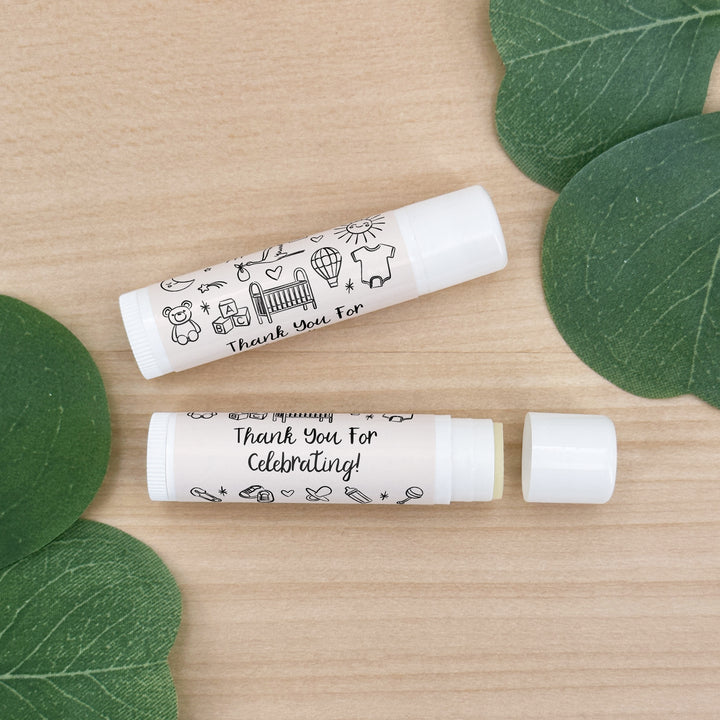 Personalized Lip Balm Favors, Baby Shower Favors, Hand Drawn Baby Shower Icon Pattern Sketch