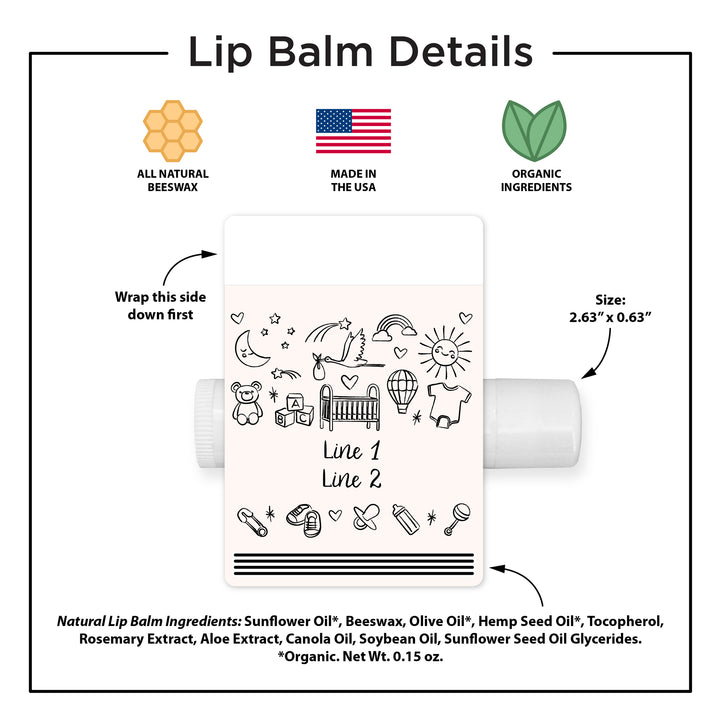 Personalized Lip Balm Favors, Baby Shower Favors, Hand Drawn Baby Shower Icon Pattern Sketch